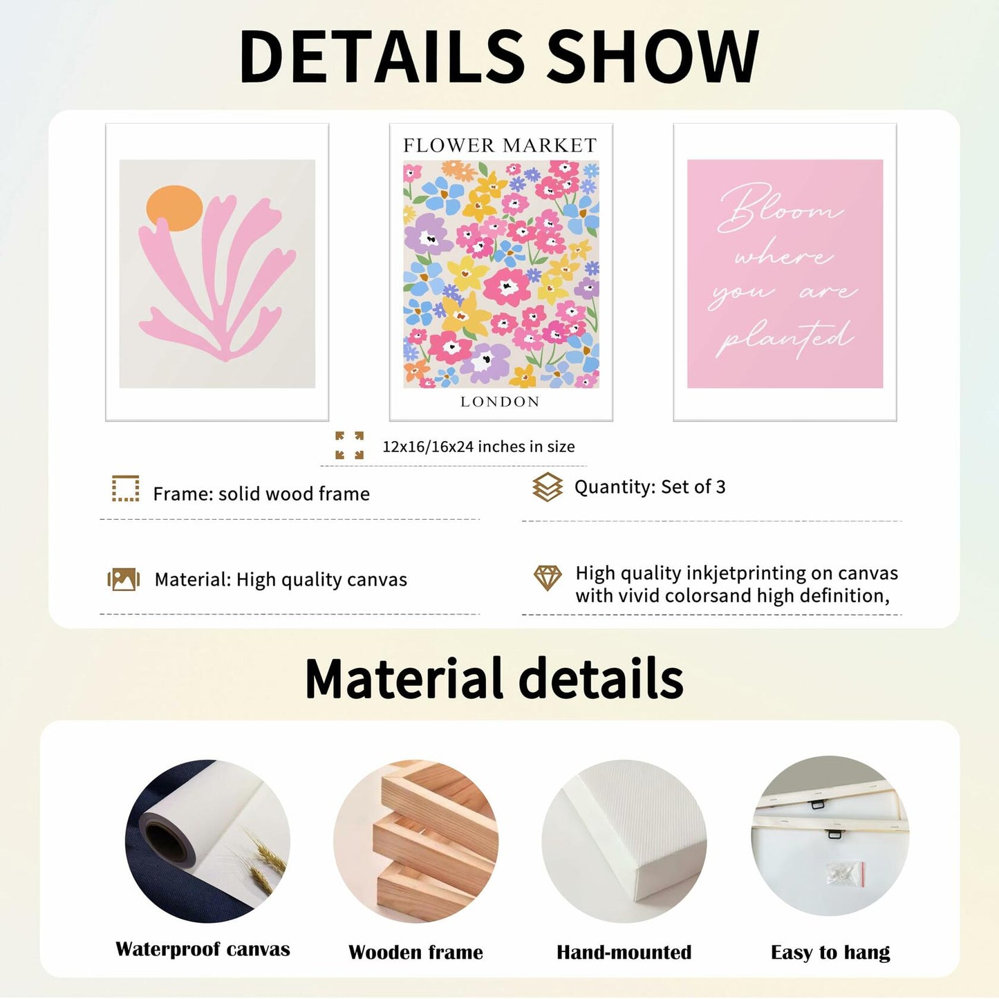 NOSUO Pink Wall Art Set of 3 Matisse Flowers Vintage Canvas 12x16 Inch Framed