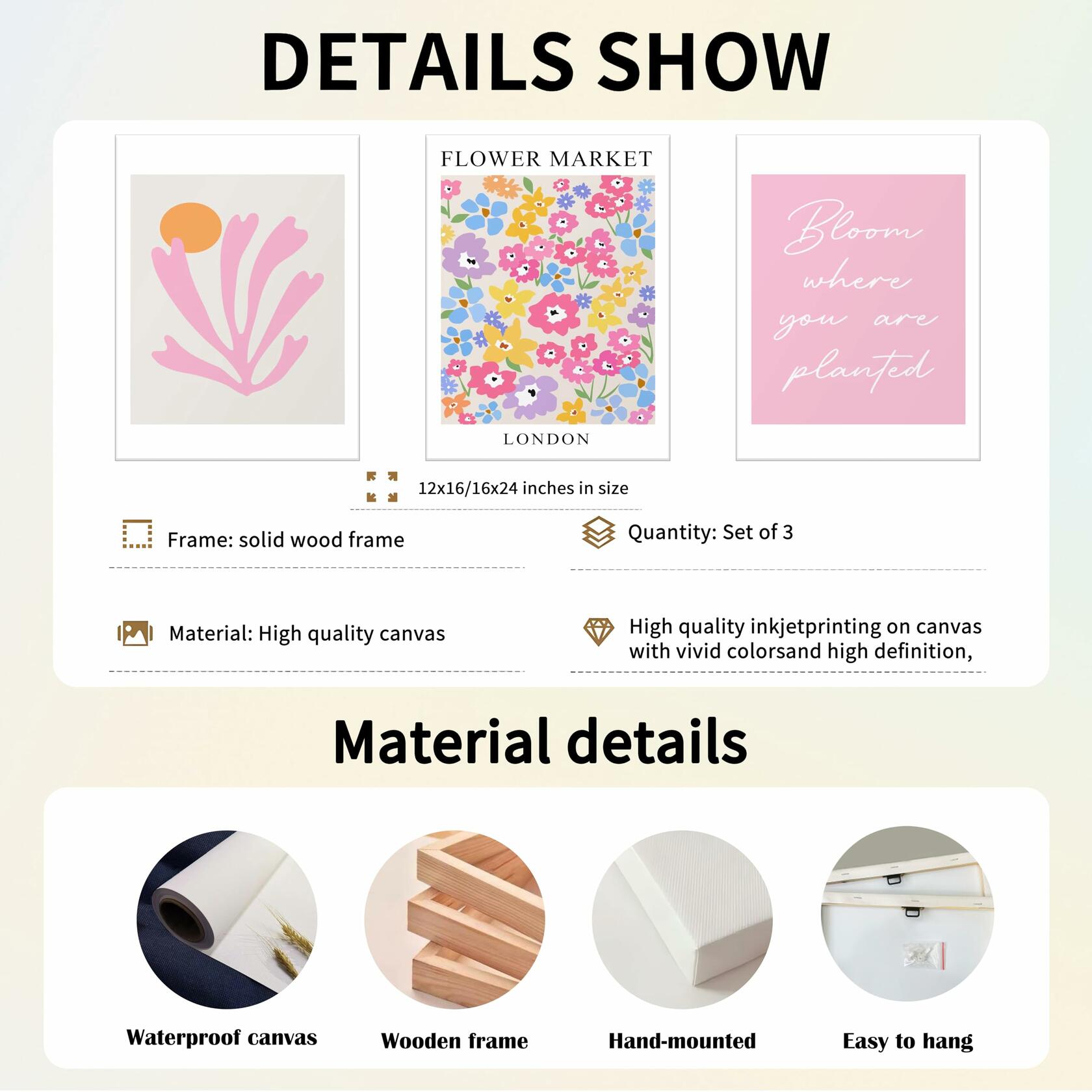 NOSUO Pink Wall Art Set of 3 Matisse Flowers Vintage Canvas 12x16 Inch Framed