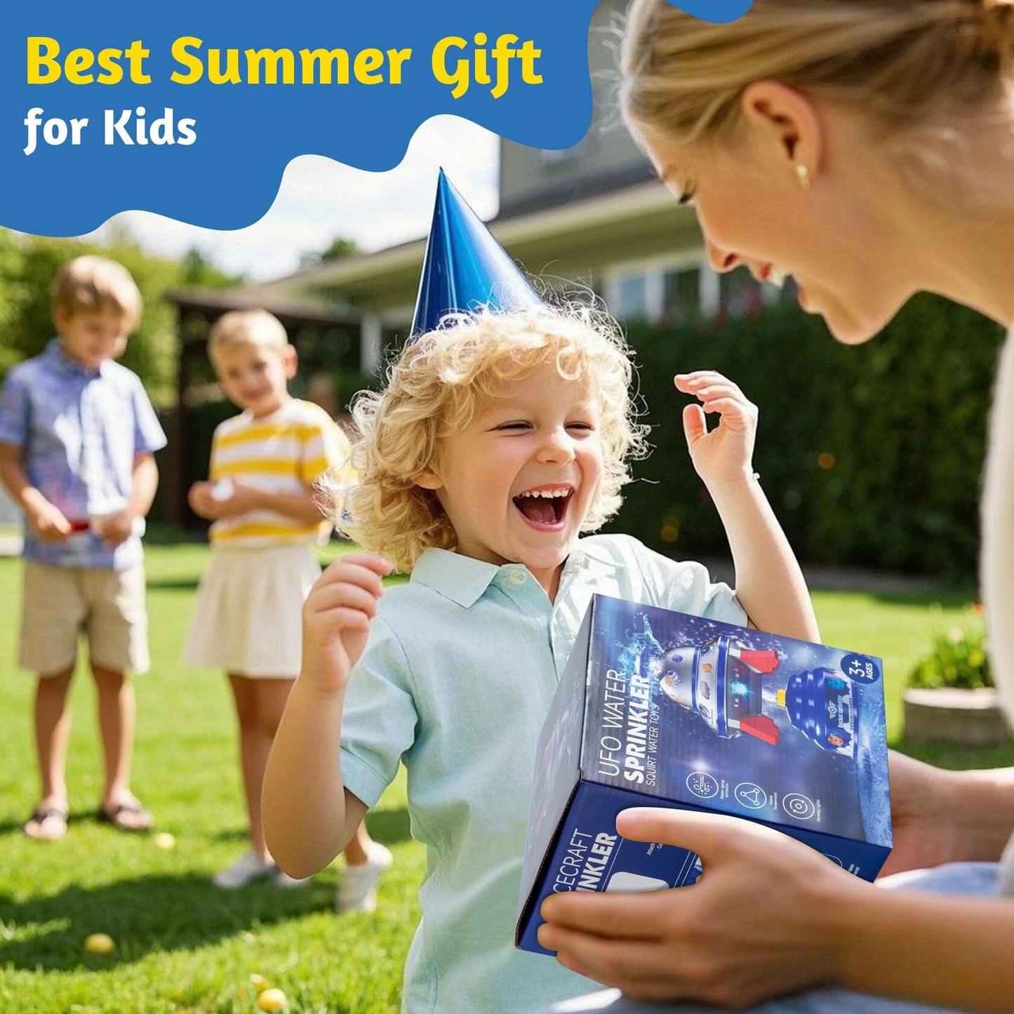COCASES UFO Water Sprinkler Toy w/ Light Outdoor Summer Fun for Kids