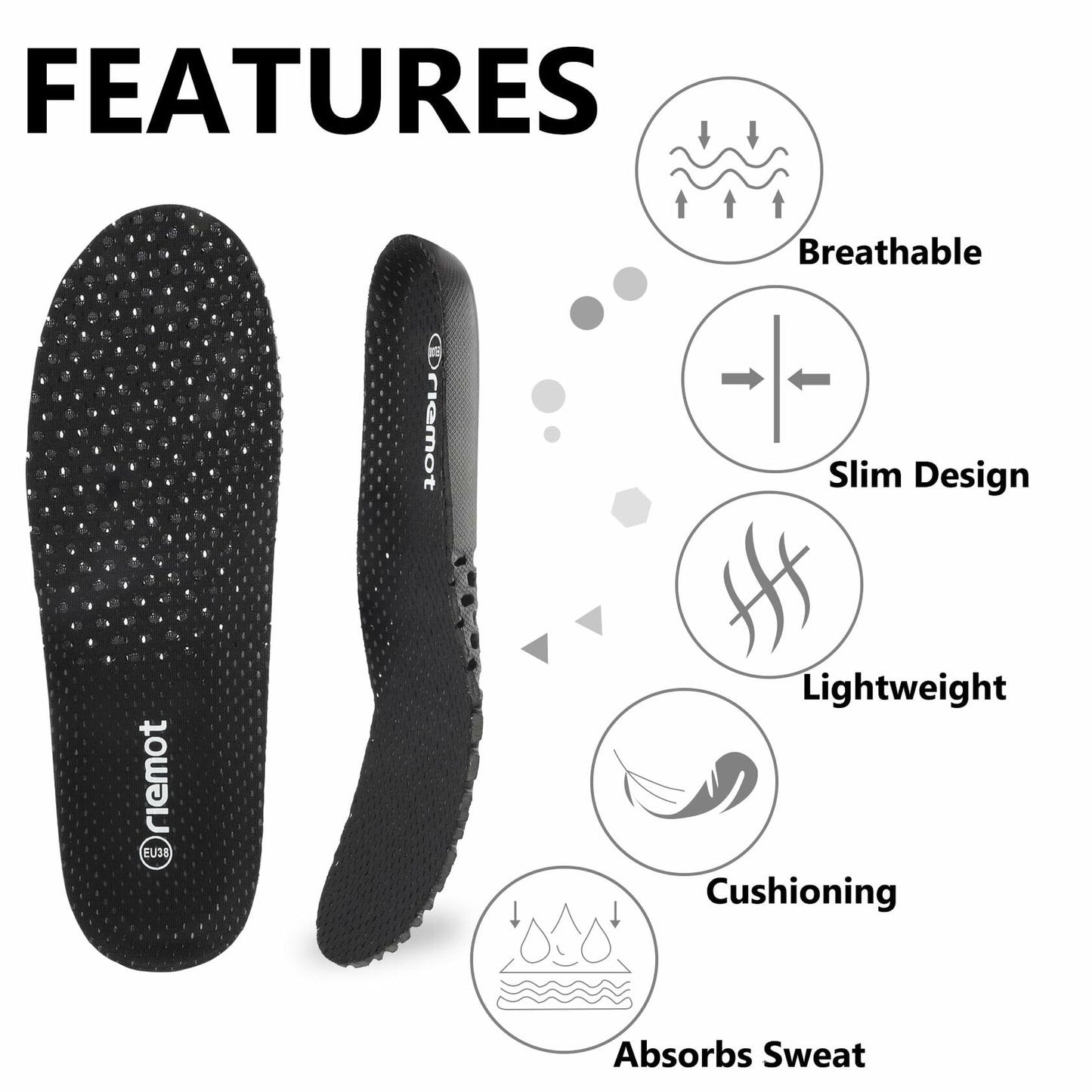 riemot Arch Supports Orthotics Sport Shoe Insoles 2 Pairs Grey Size US14/EU47