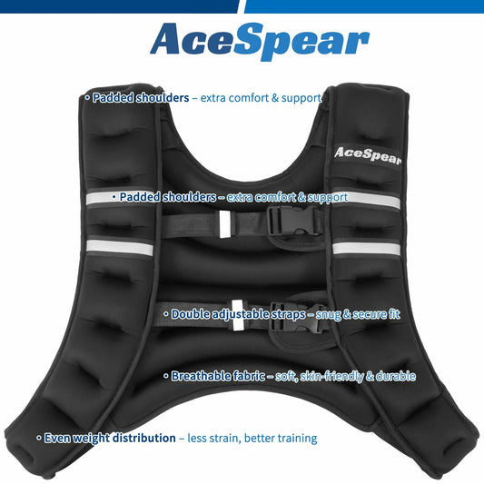 AceSpear Weighted Vest 18lbs Black Strength Training Workout Gear