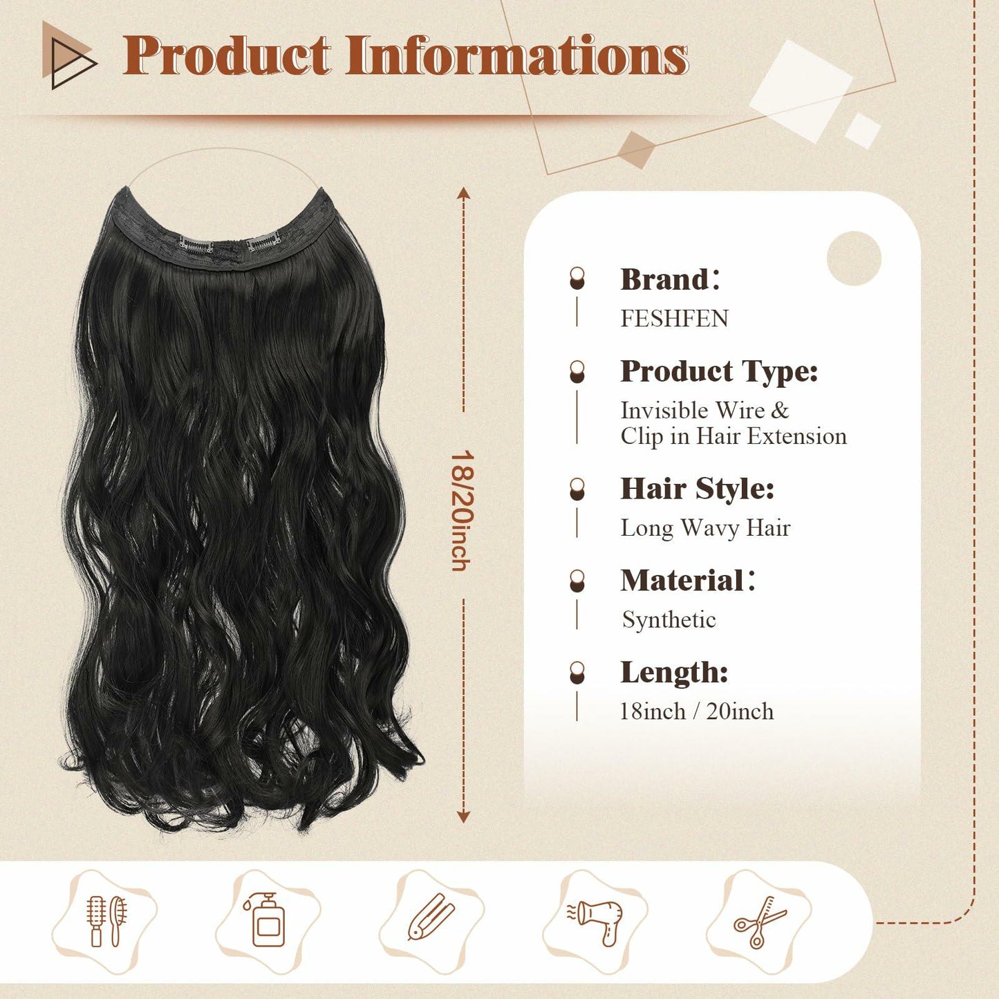 FESHFEN Invisible Wire Hair Extensions 20" Long Wavy Synthetic Black