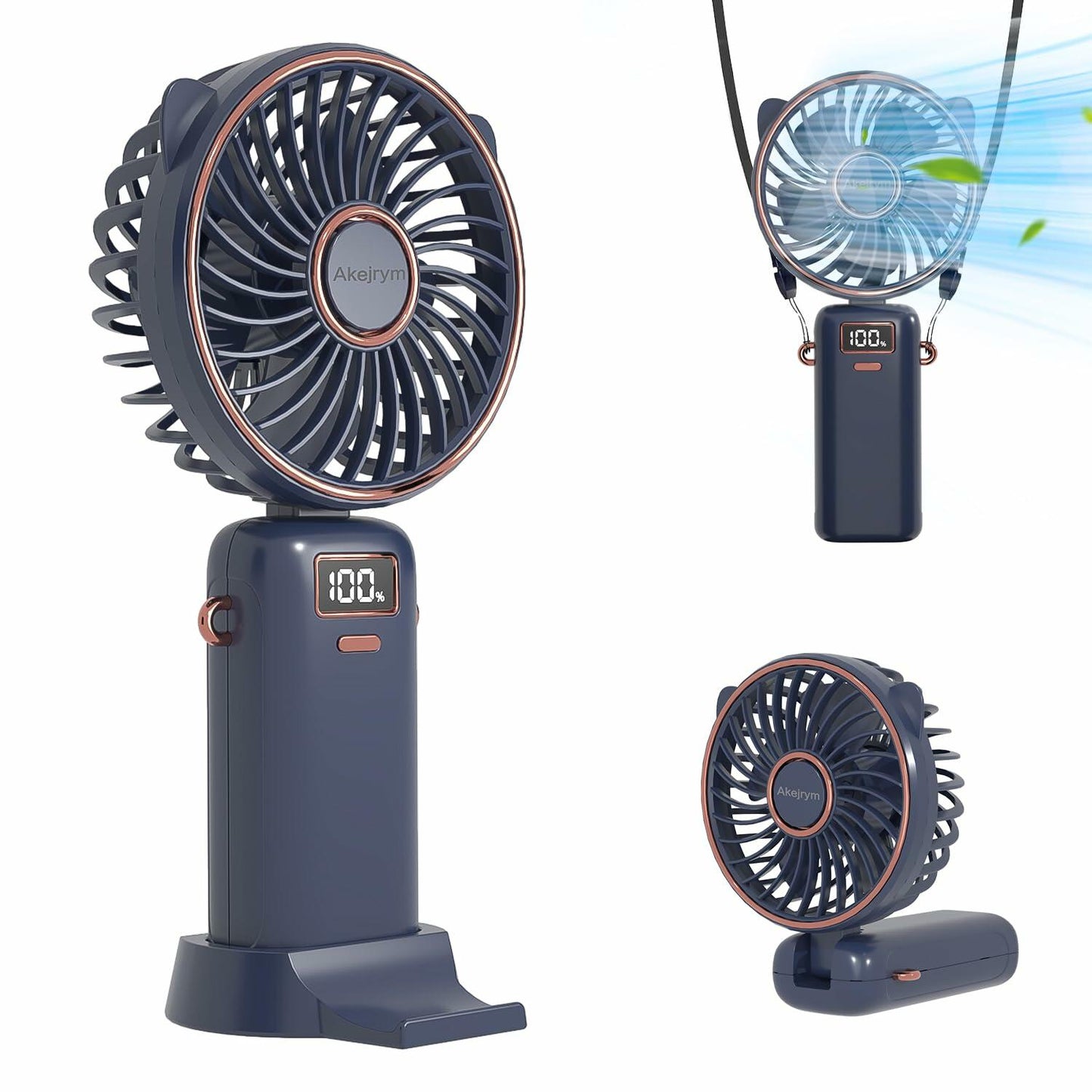 Akejrym Portable Handheld Fan 4000mAh LED Display 5 Speeds 90° Adjustable Blue