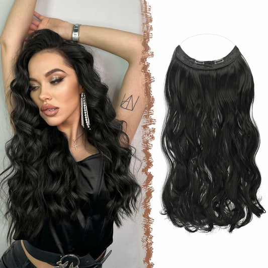 FESHFEN Invisible Wire Hair Extensions 20" Long Wavy Synthetic Black