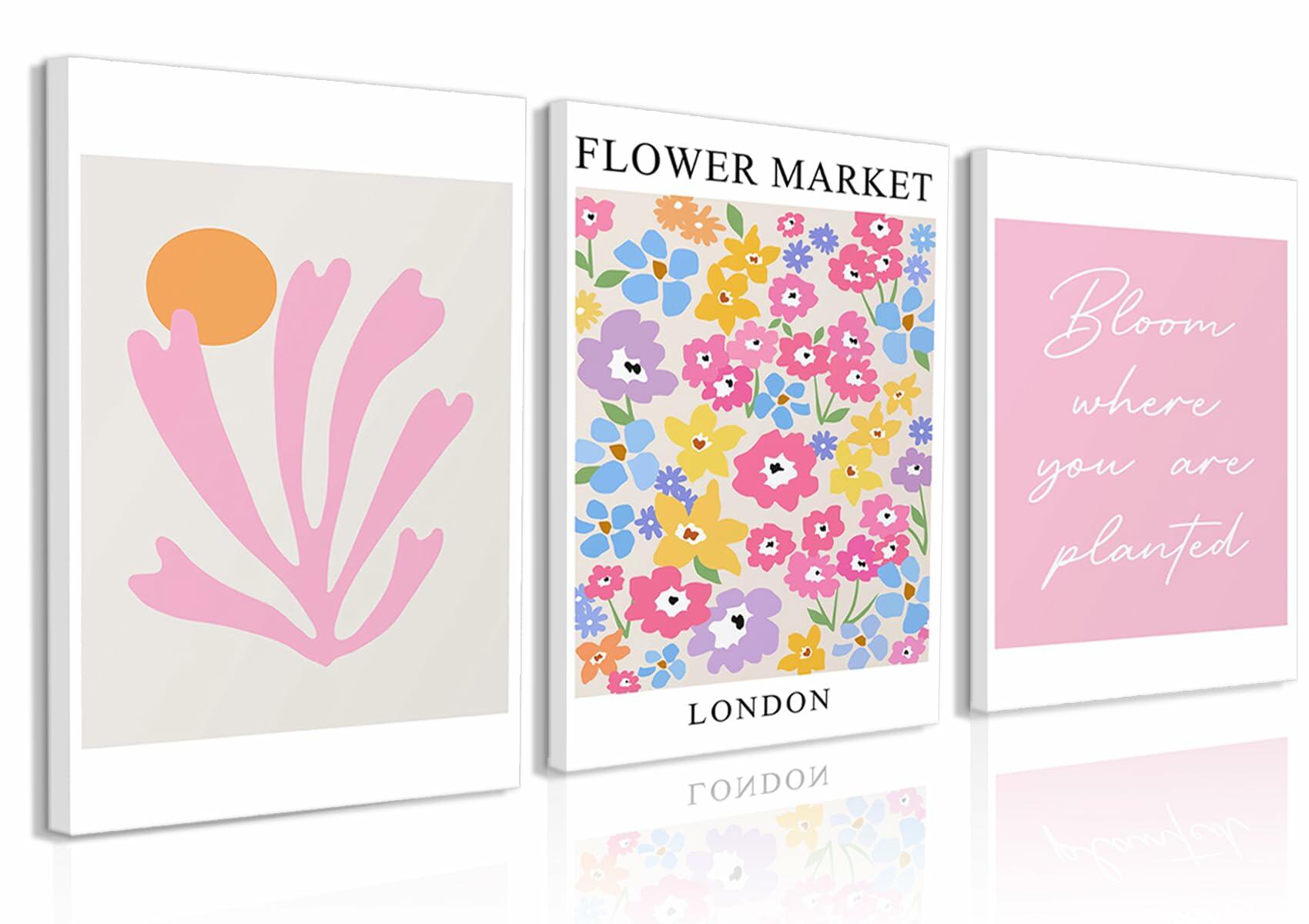 NOSUO Pink Wall Art Set of 3 Matisse Flowers Vintage Canvas 12x16 Inch Framed