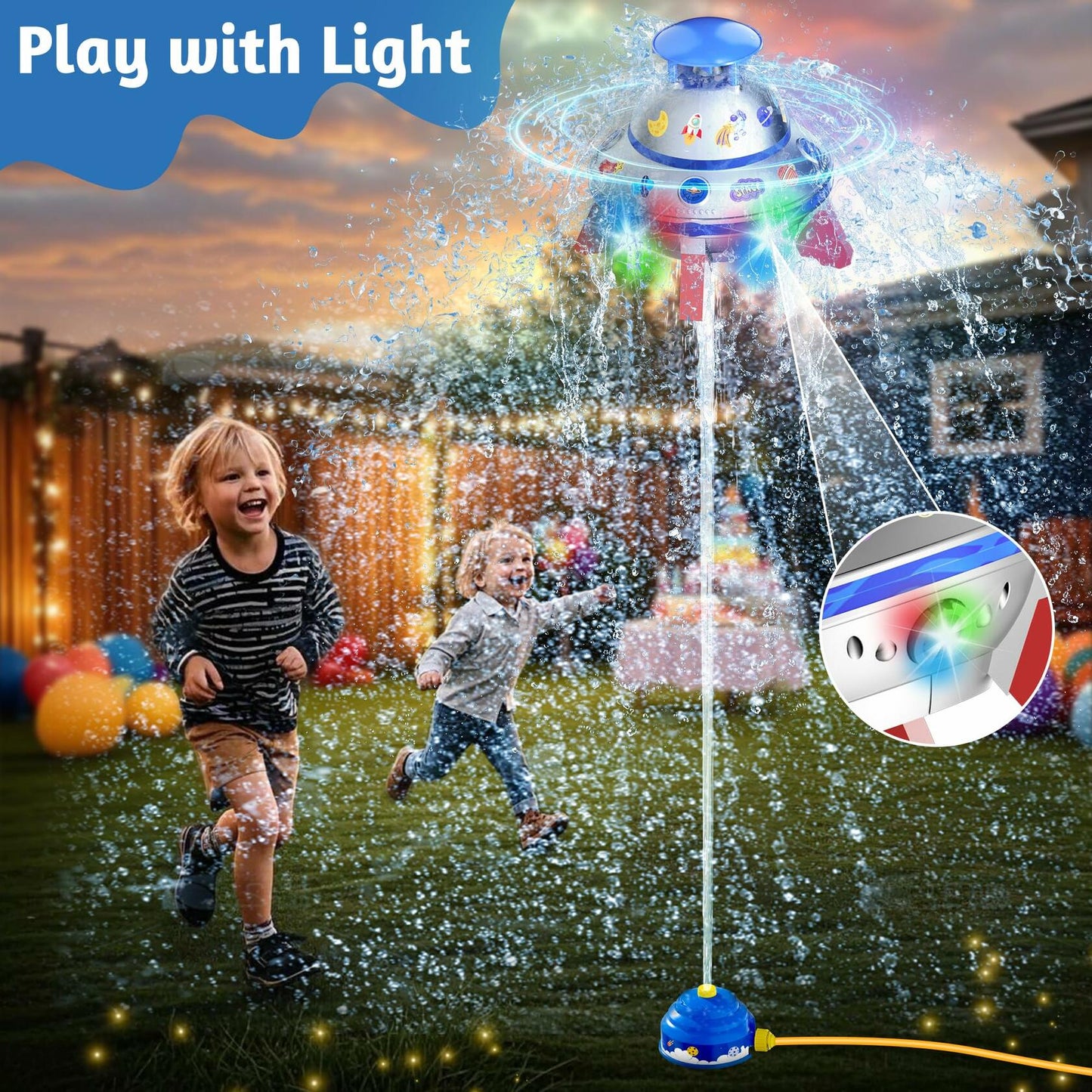 COCASES UFO Water Sprinkler Toy w/ Light Outdoor Summer Fun for Kids