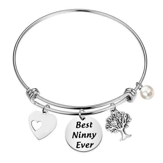 FEELMEM Best Ninny Ever Family Tree Bracelet Stainless Steel Box Chain