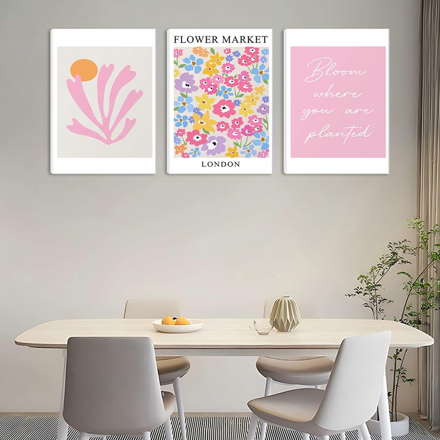 NOSUO Pink Wall Art Set of 3 Matisse Flowers Vintage Canvas 12x16 Inch Framed