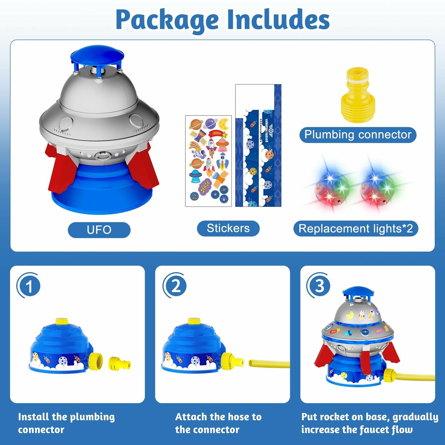 COCASES UFO Water Sprinkler Toy w/ Light Outdoor Summer Fun for Kids