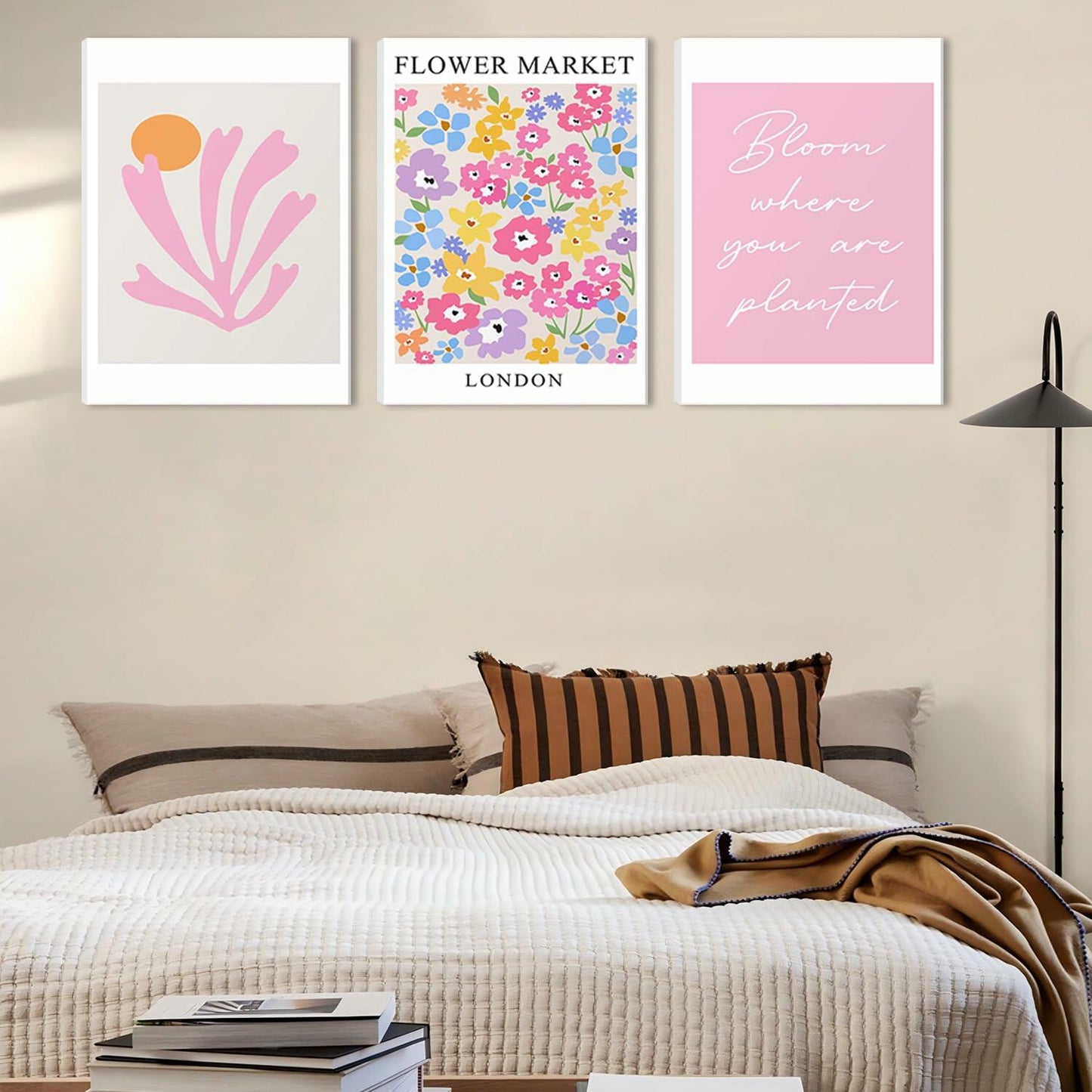 NOSUO Pink Wall Art Set of 3 Matisse Flowers Vintage Canvas 12x16 Inch Framed