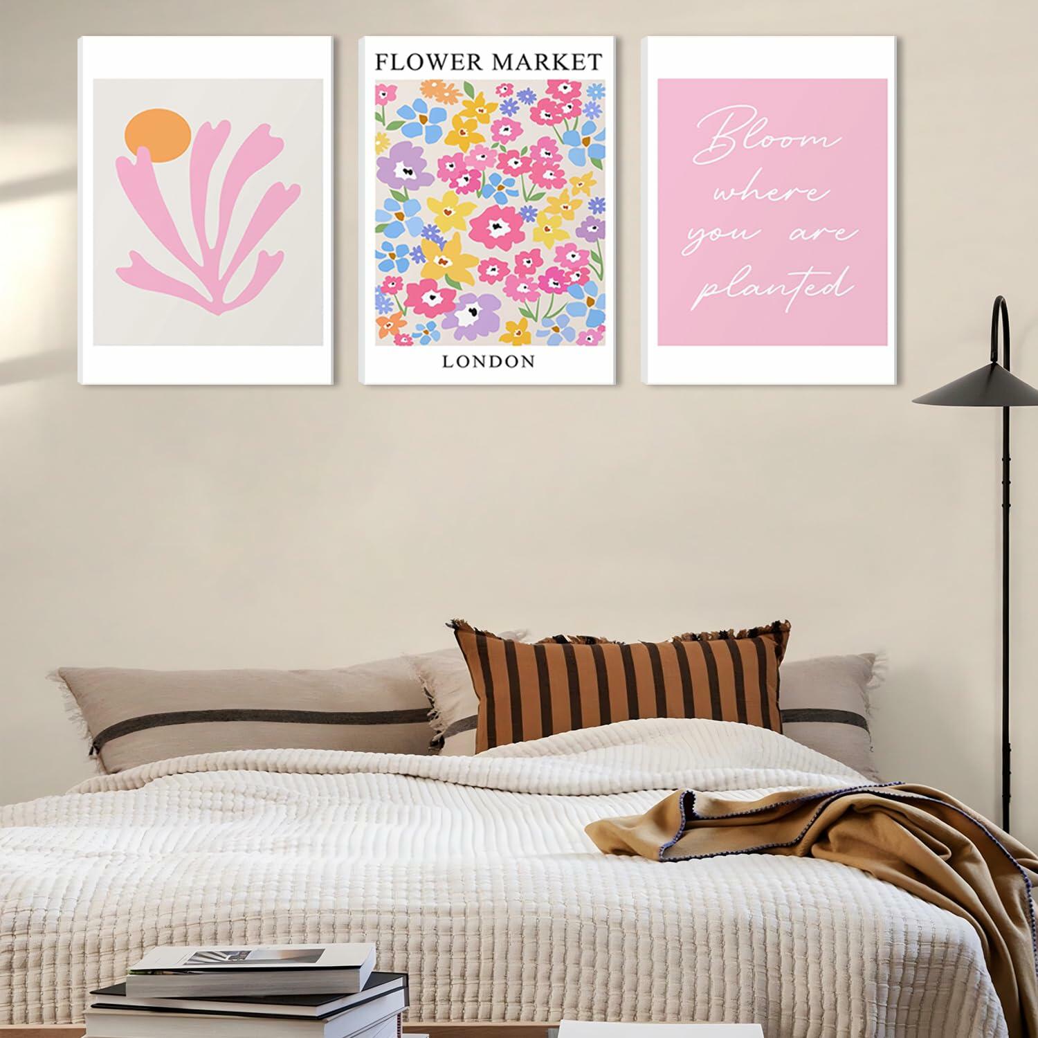 NOSUO Pink Wall Art Set of 3 Matisse Flowers Vintage Canvas 12x16 Inch Framed