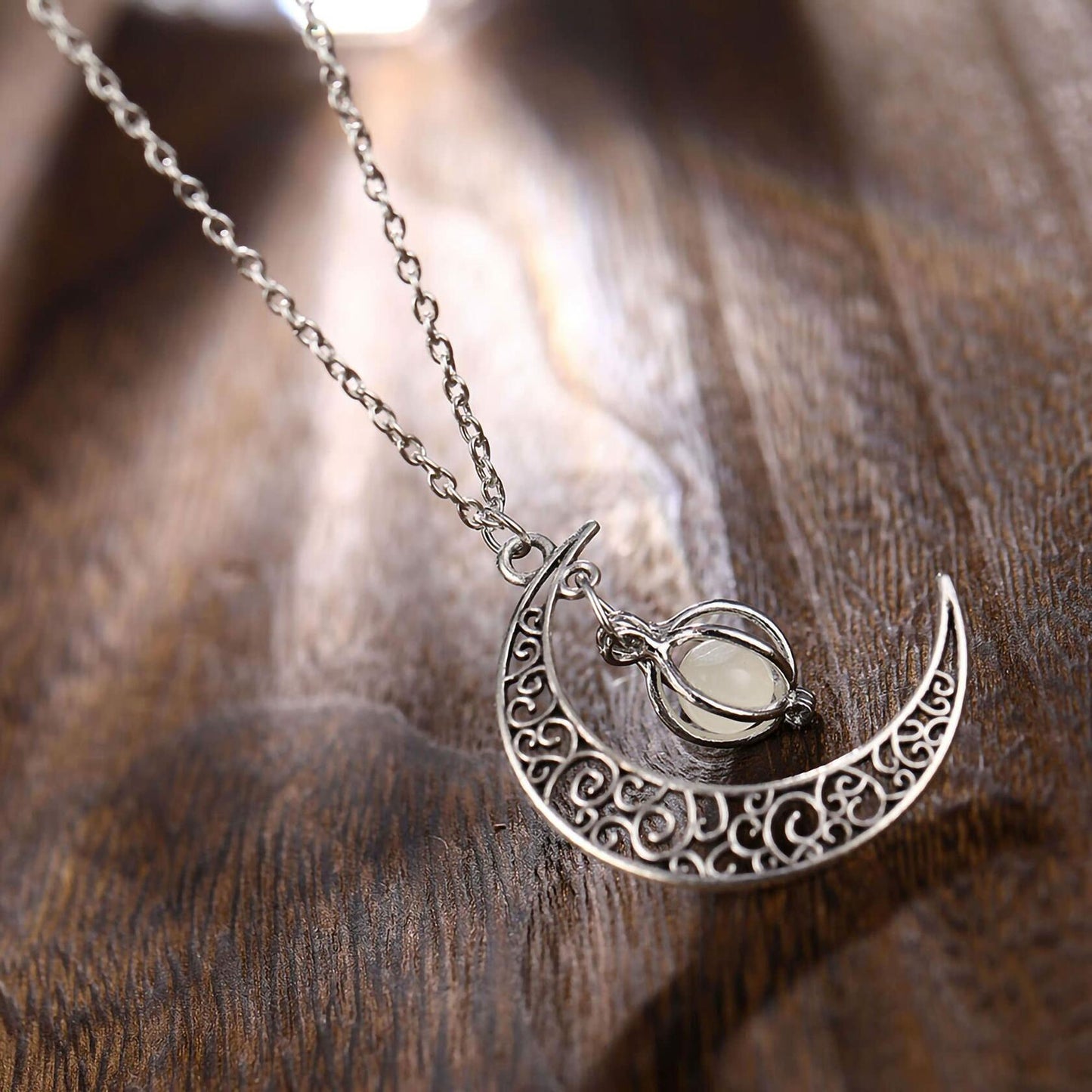 Anvirtue Moonstone Glow Necklace Pendant Chain Green Healing Quartz Alloy
