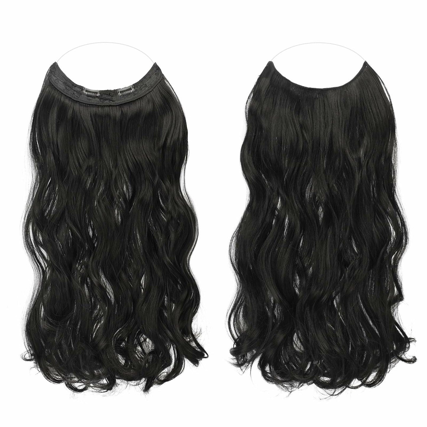FESHFEN Invisible Wire Hair Extensions 20" Long Wavy Synthetic Black