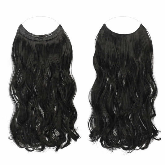 FESHFEN Invisible Wire Hair Extensions 20" Long Wavy Synthetic Black