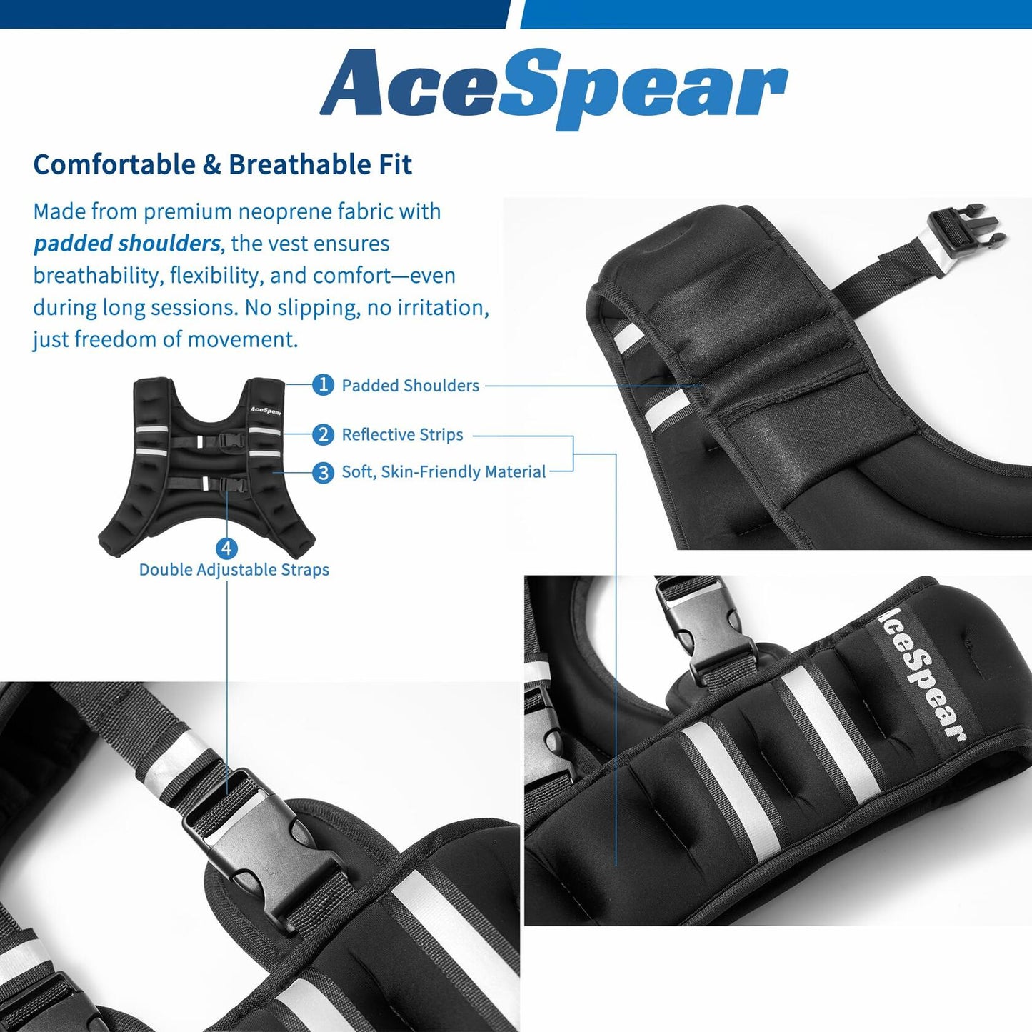 AceSpear Weighted Vest 18lbs Black Strength Training Workout Gear