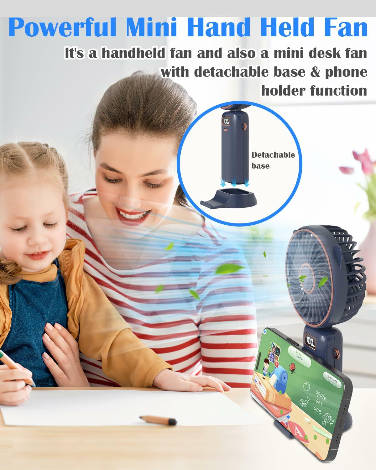 Akejrym Portable Handheld Fan 4000mAh LED Display 5 Speeds 90° Adjustable Blue