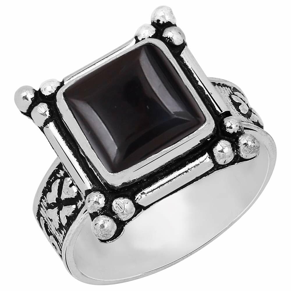 Natural Black Onyx 925 Silver Plated Ring Black Stone Size 5