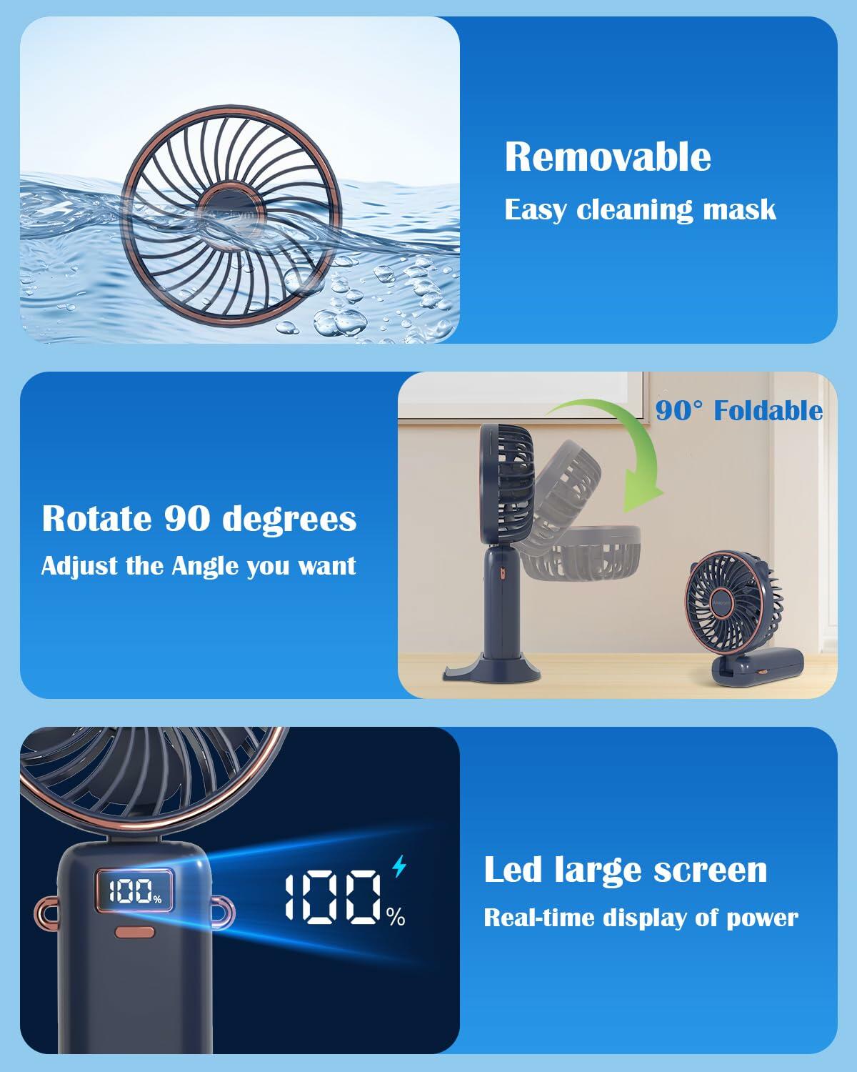 Akejrym Portable Handheld Fan 4000mAh LED Display 5 Speeds 90° Adjustable Blue