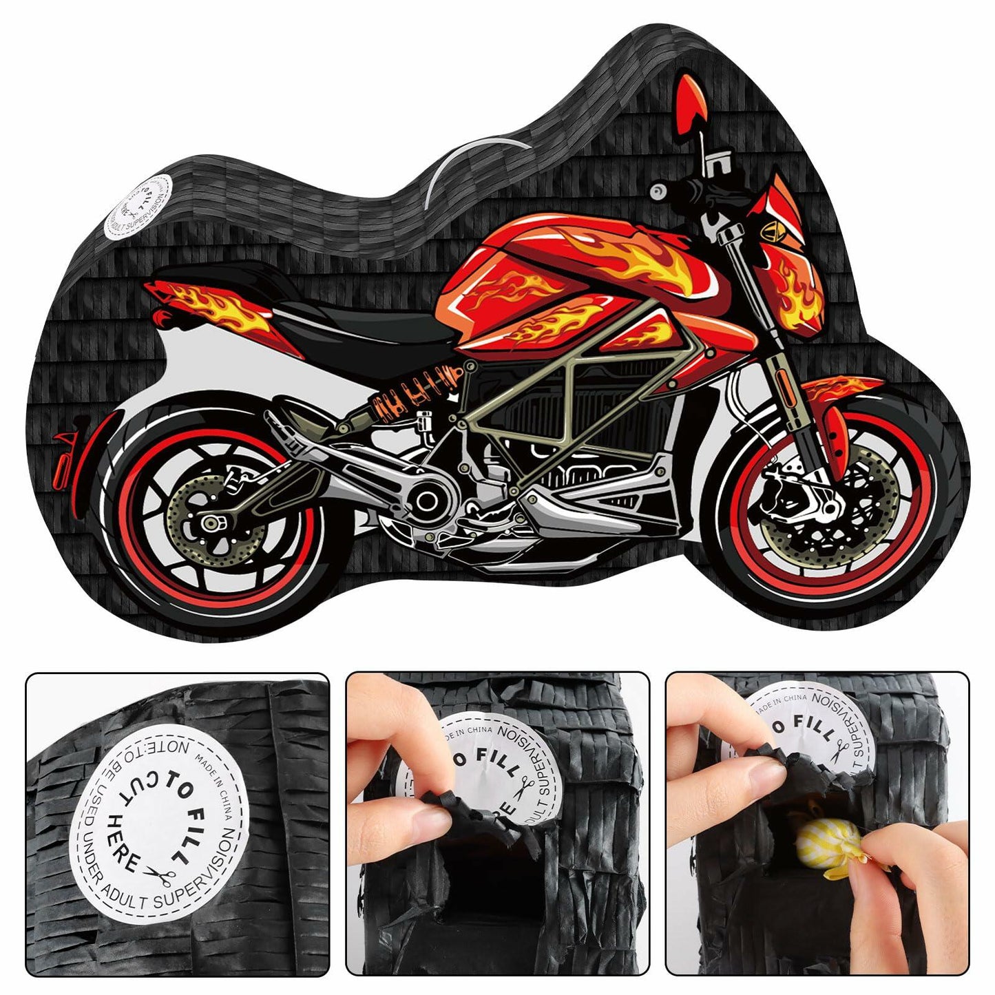 Atiloy Motorcycle Pinata with Stick & Hanging Loop Red Birthday Party