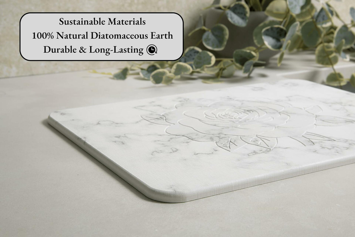 Stranor Engraved Rose Stone Drying Mat Floral 15.7x11.8 Ivory