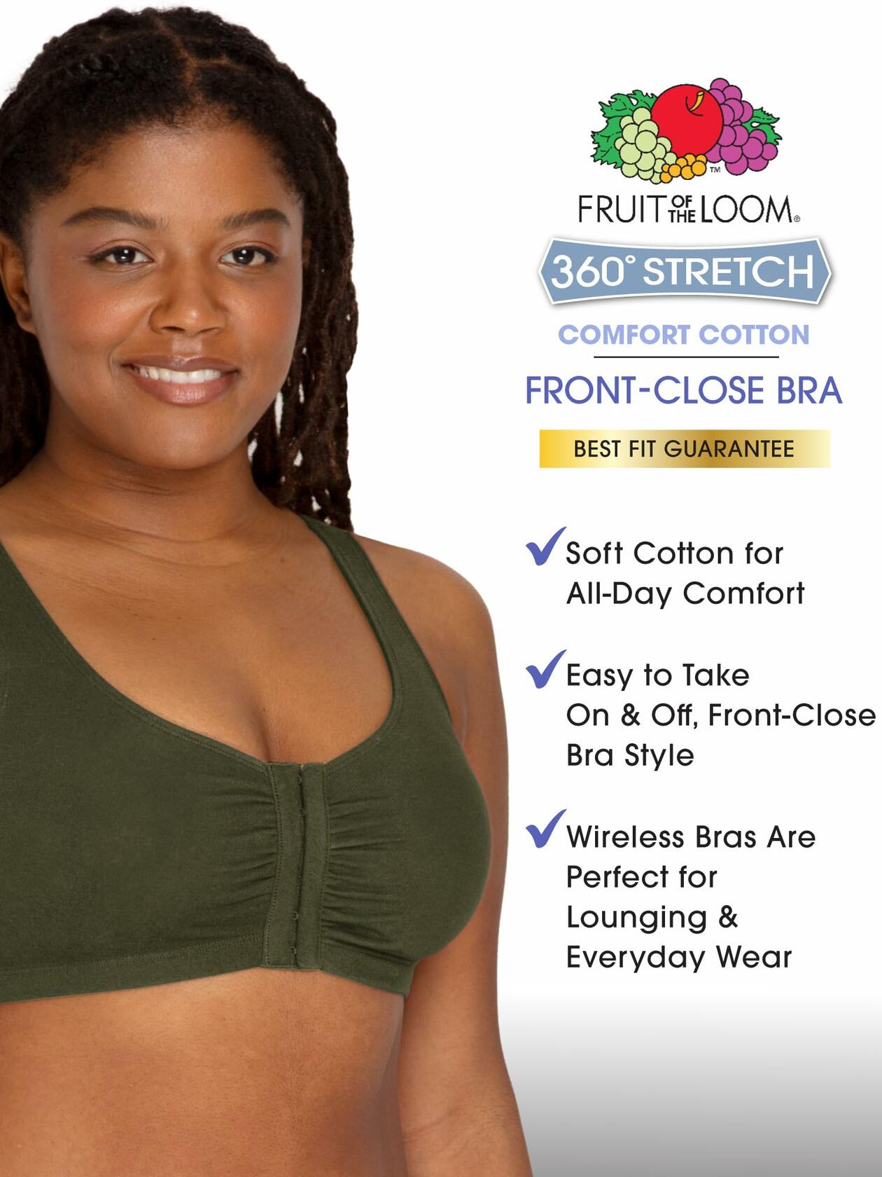 Fruit of the Loom 3 Pack Women’s Front Close Cotton Sports Bra Size 36