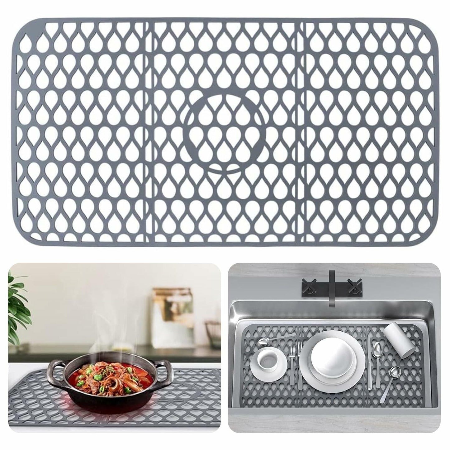 YIRAYUETT Silicone Non-Slip Kitchen Sink Grid Mat 25.9x13.7 Gray