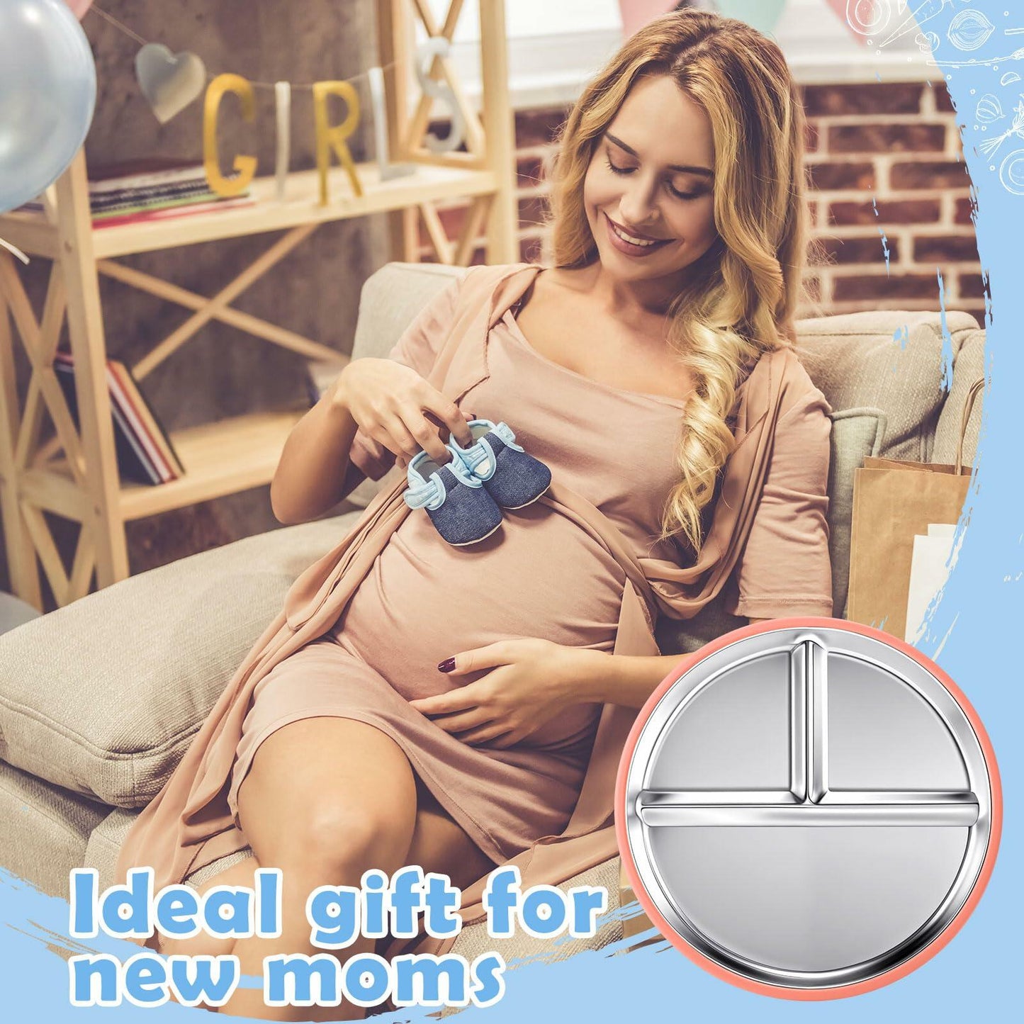 Honeydak 4Pcs Stainless Steel Toddler Plates 9" Divided Silicone Suction Morandi