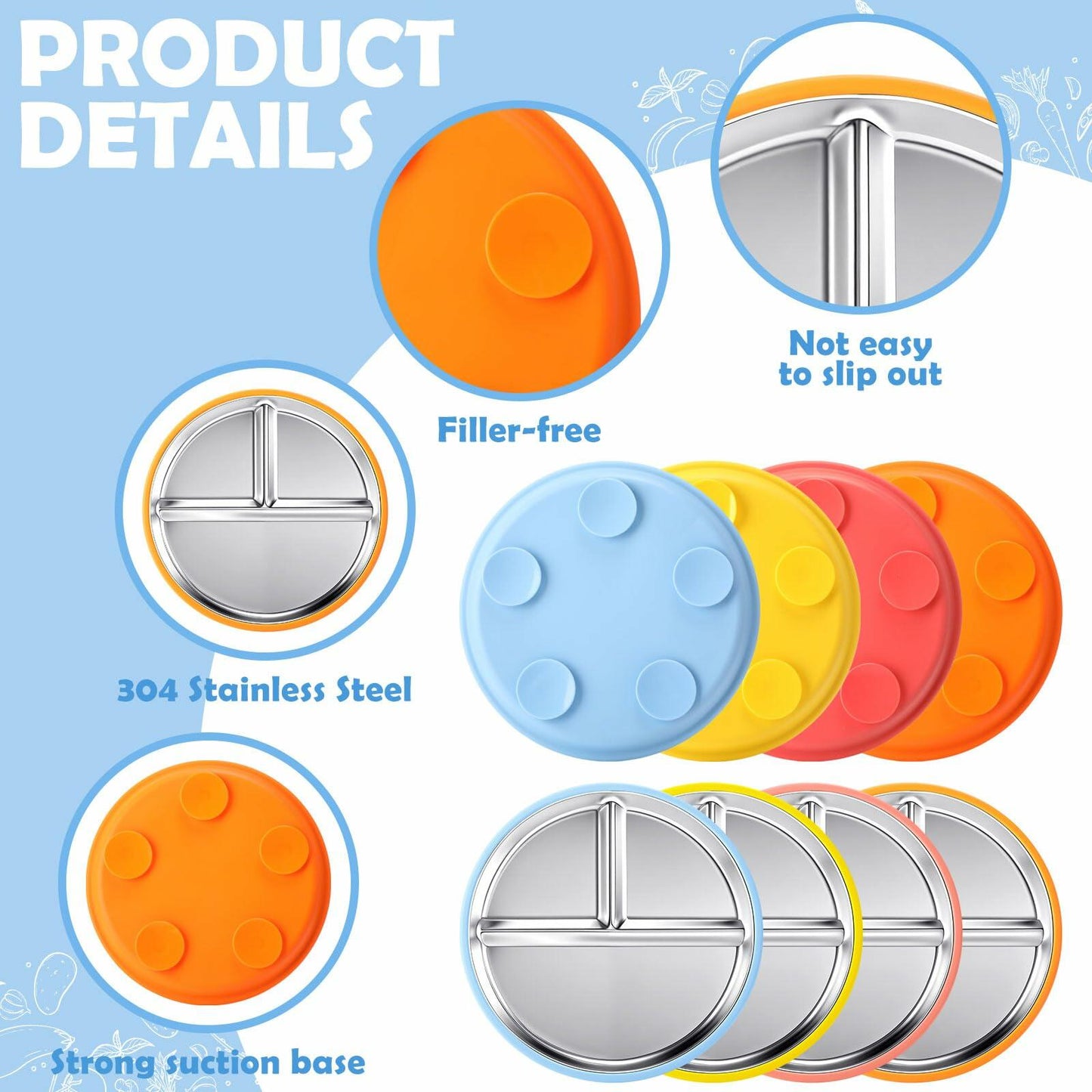 Honeydak 4Pcs Stainless Steel Toddler Plates 9" Divided Silicone Suction Morandi
