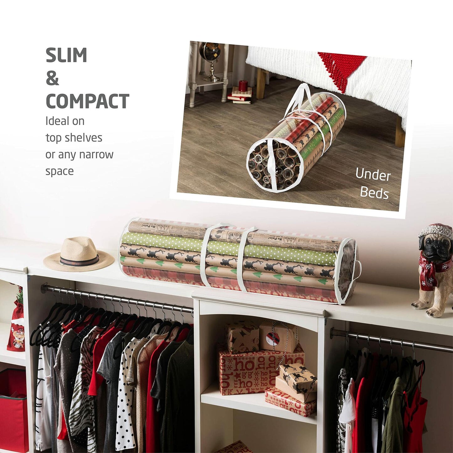 ZOBER Wrapping Paper Organizer 40in Waterproof Storage Holds 25 Rolls White