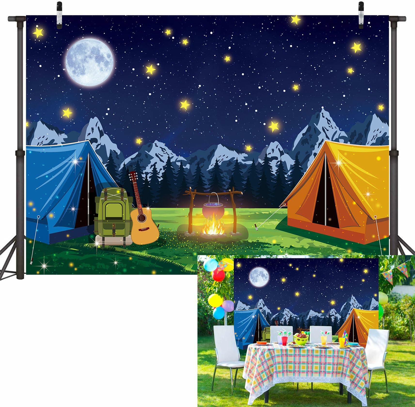 PGSWEER Camping Backdrop 7x5FT Blue Crepe Paper Campfire Mountain Banner