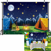 PGSWEER Camping Backdrop 7x5FT Blue Crepe Paper Campfire Mountain Banner