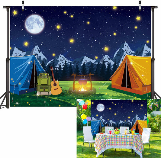 PGSWEER Camping Backdrop 7x5FT Blue Crepe Paper Campfire Mountain Banner