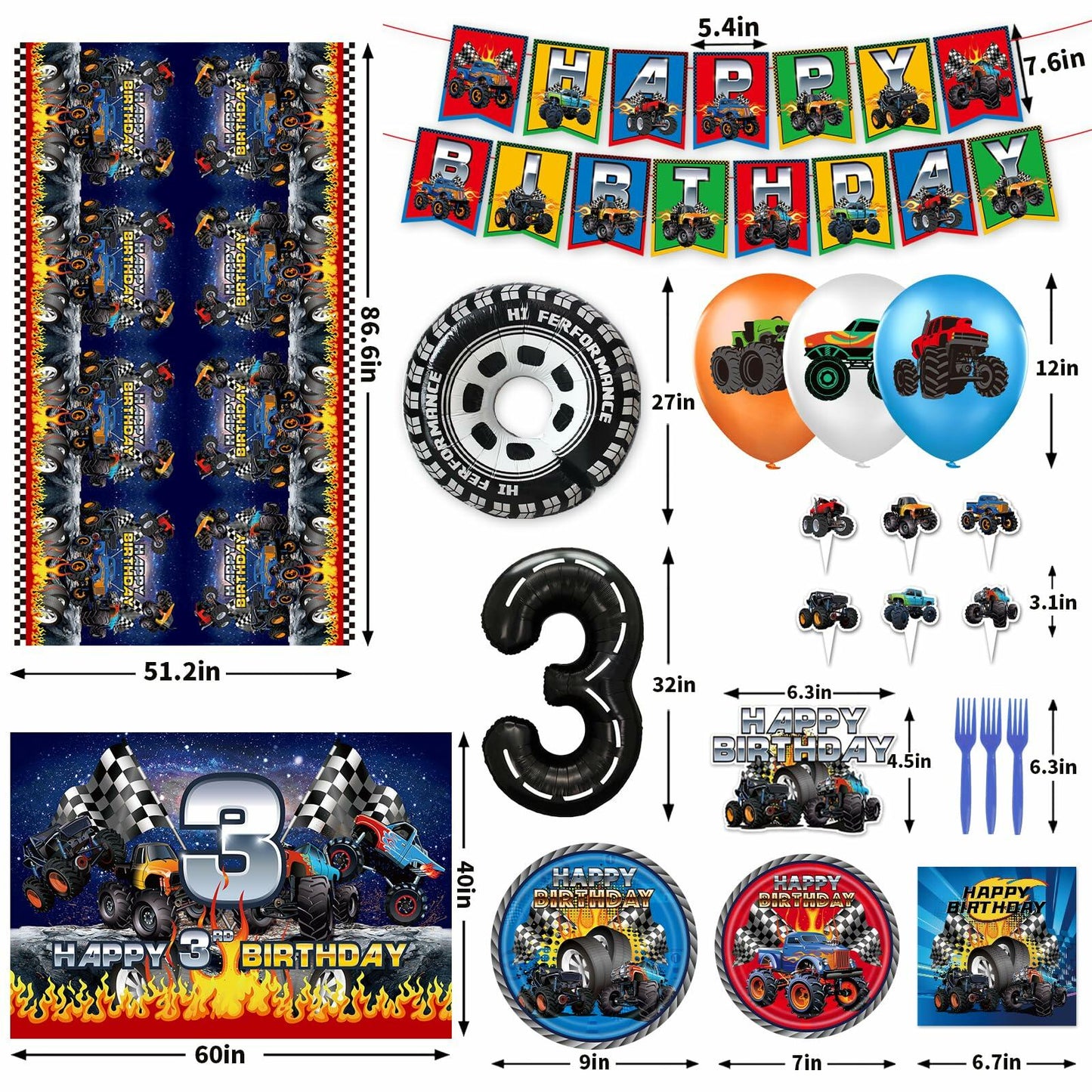 Hoywas Monster Truck Birthday Party Supplies 3rd Theme Decorations Set Boys