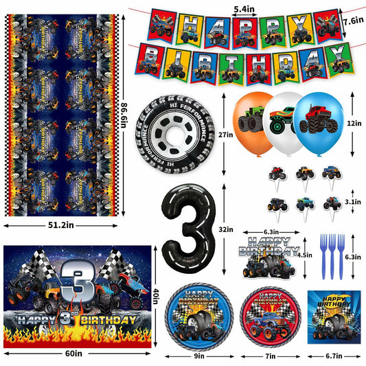 Hoywas Monster Truck Birthday Party Supplies 3rd Theme Decorations Set Boys