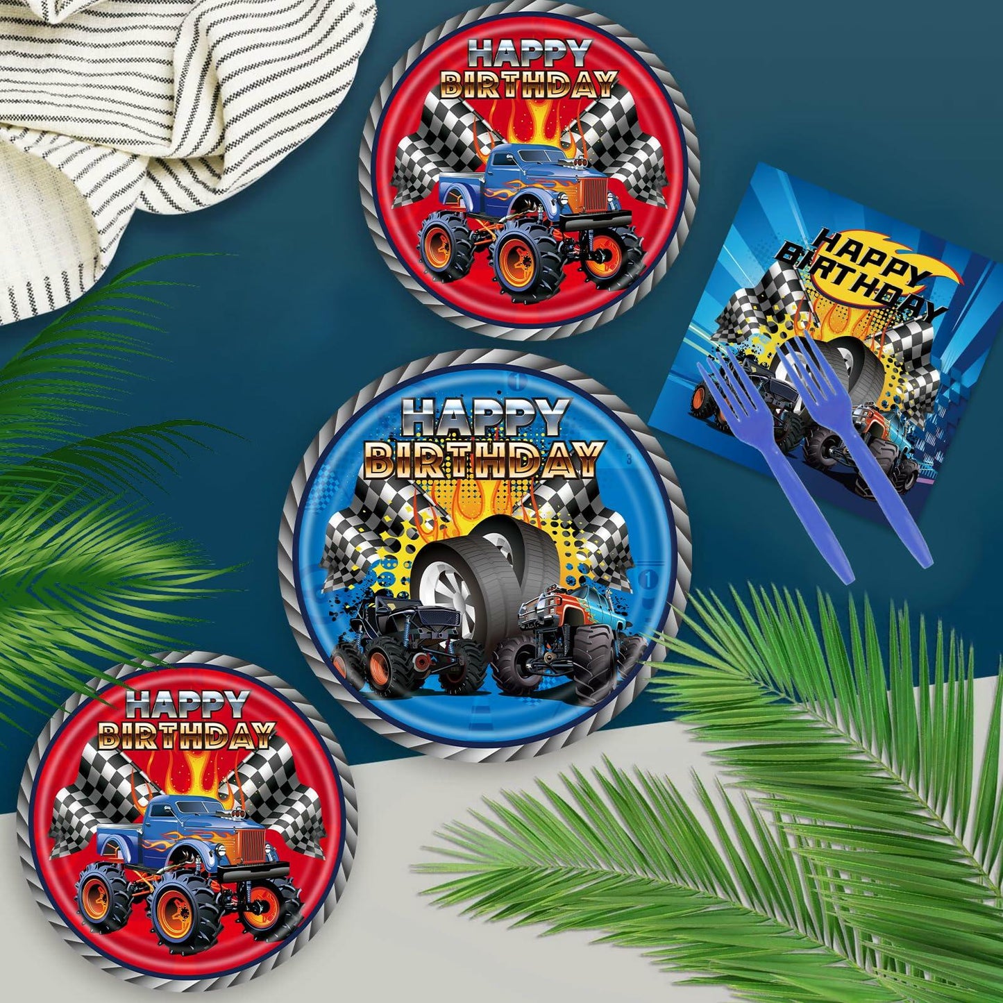 Hoywas Monster Truck Birthday Party Supplies 3rd Theme Decorations Set Boys