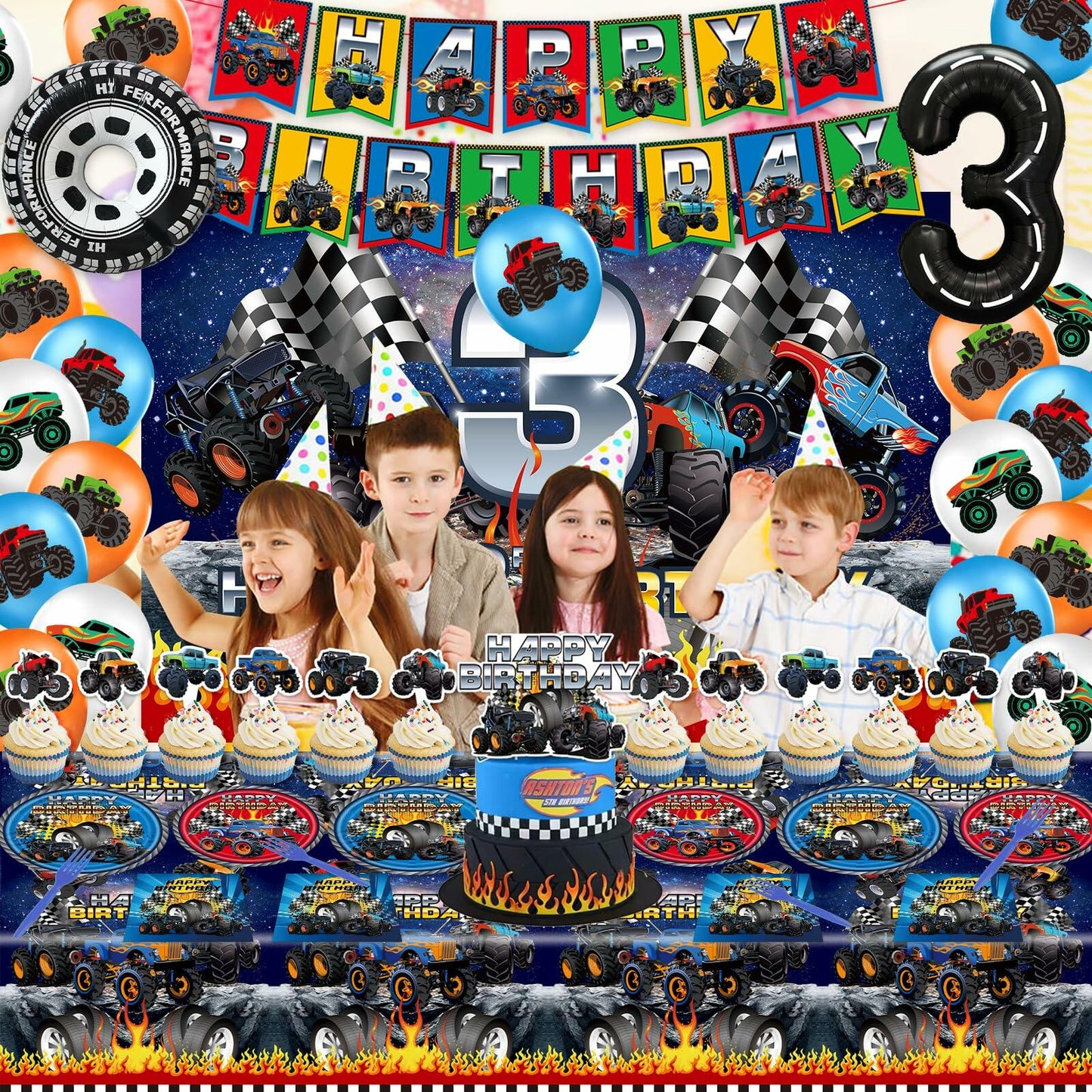 Hoywas Monster Truck Birthday Party Supplies 3rd Theme Decorations Set Boys