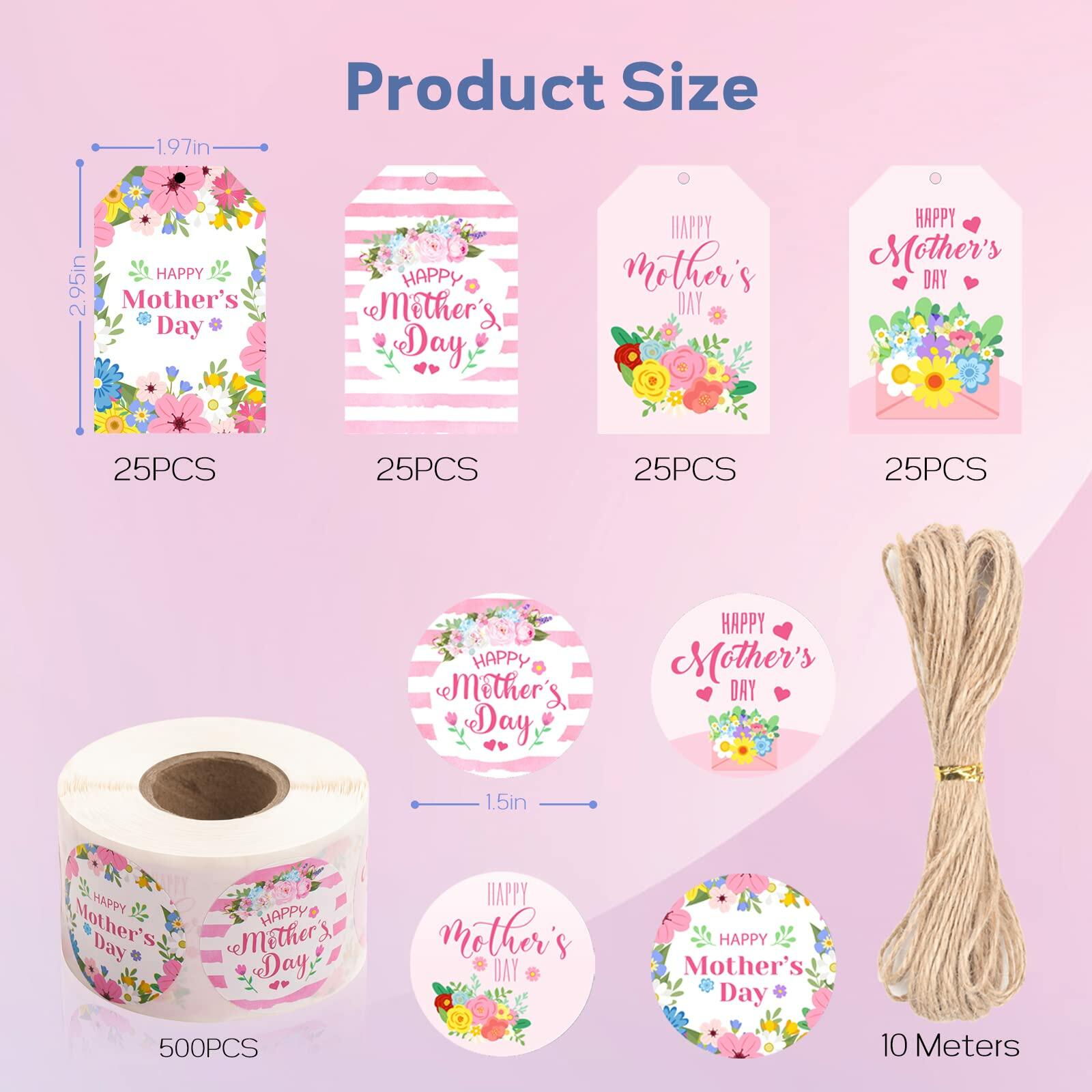 TREACLUB 600PCS Mother's Day Gift Tags & Stickers Pink Floral Labels