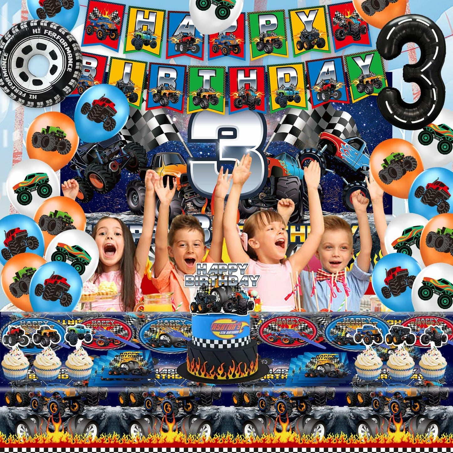 Hoywas Monster Truck Birthday Party Supplies 3rd Theme Decorations Set Boys