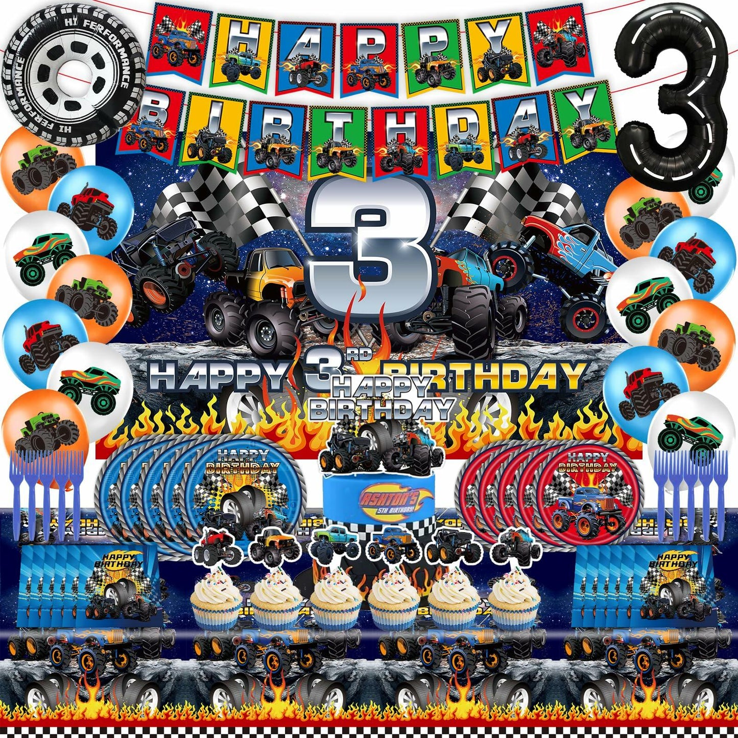 Hoywas Monster Truck Birthday Party Supplies 3rd Theme Decorations Set Boys