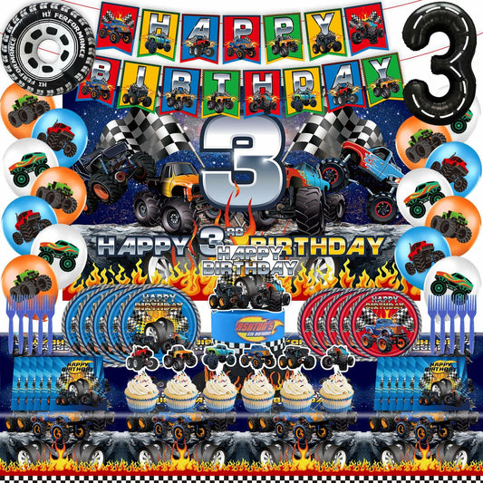 Hoywas Monster Truck Birthday Party Supplies 3rd Theme Decorations Set Boys
