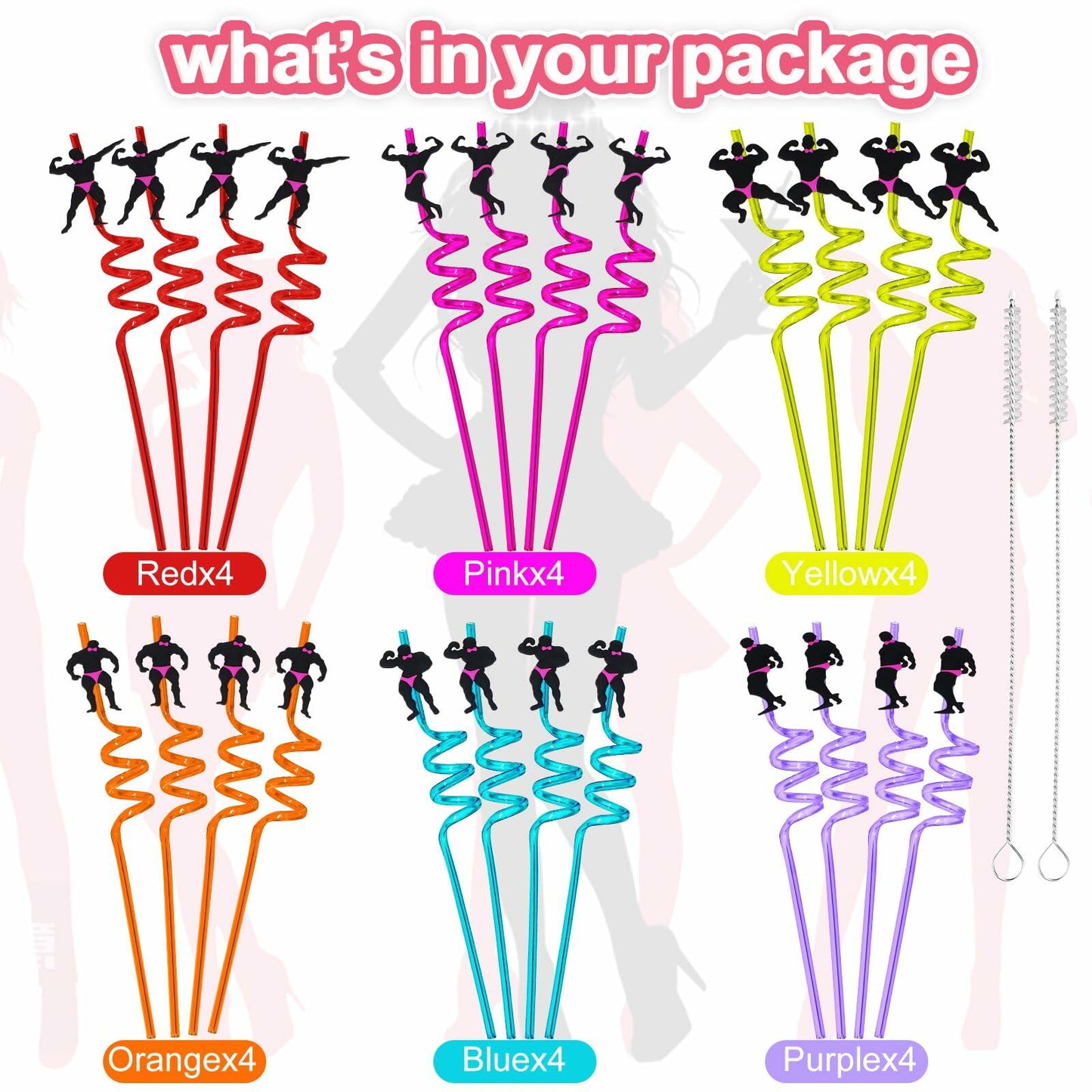 AYINOBY 24 Reusable Bachelorette Party Straws with 2 Cleaning Brushes Plastic