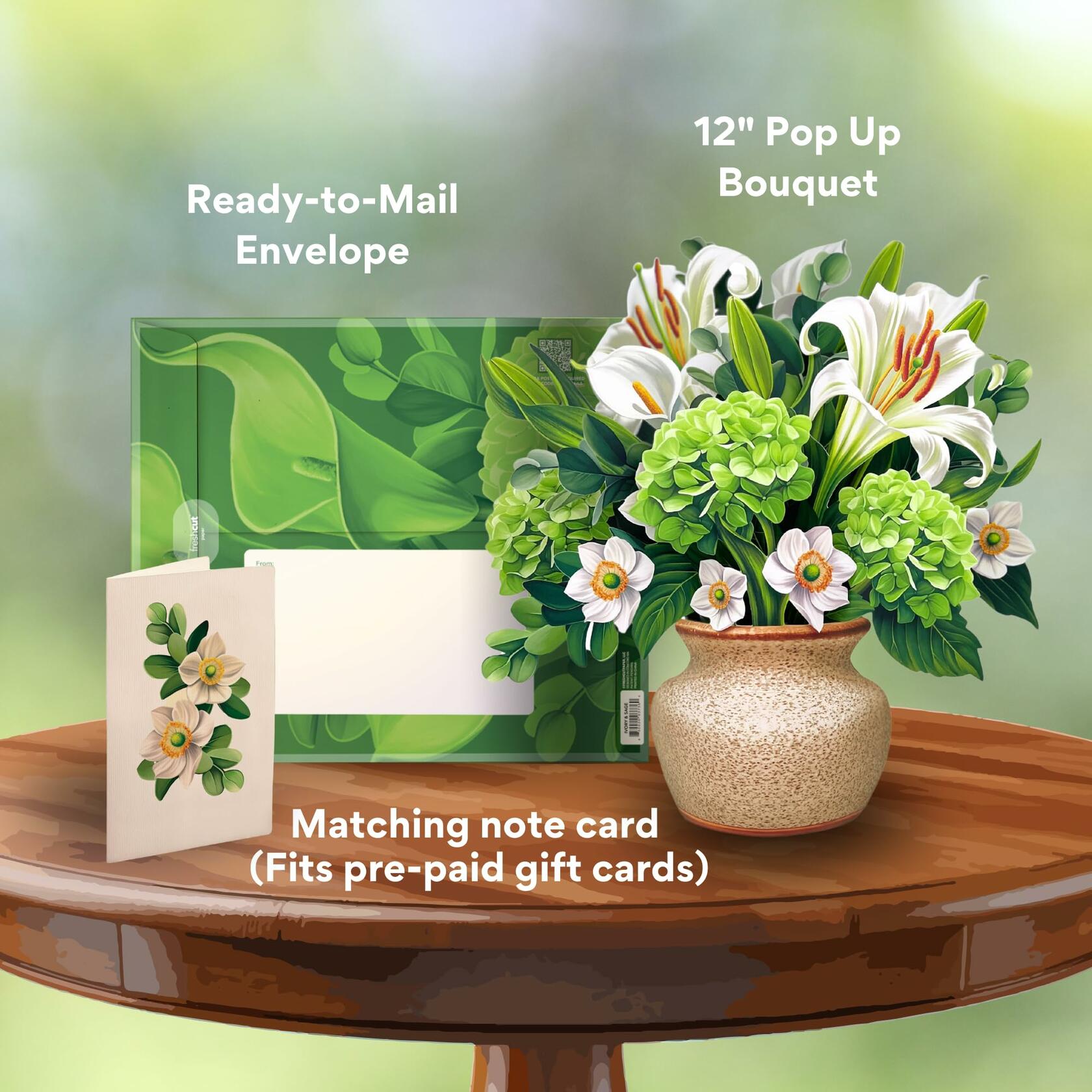 Freshcut Paper 3D Pop Up Card Ivory & Sage 12" Forever Flower Bouquet