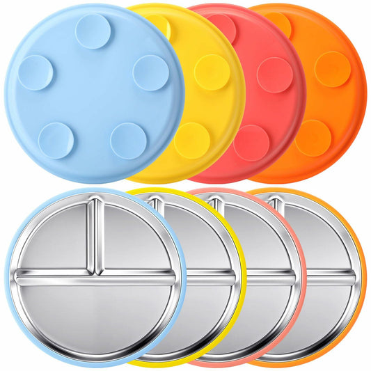 Honeydak 4Pcs Stainless Steel Toddler Plates 9" Divided Silicone Suction Morandi