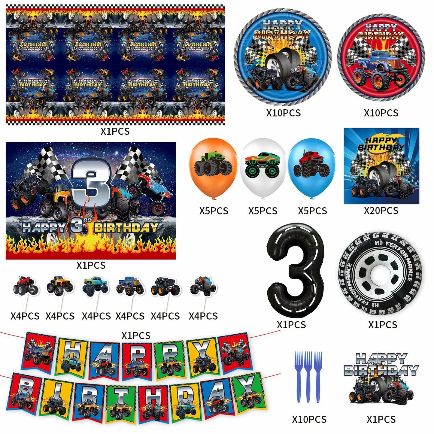 Hoywas Monster Truck Birthday Party Supplies 3rd Theme Decorations Set Boys