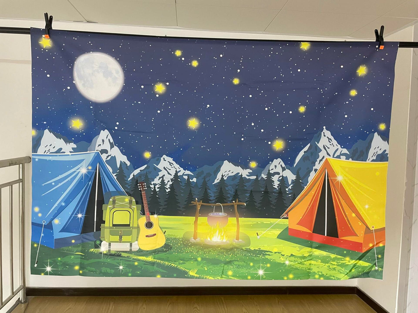 PGSWEER Camping Backdrop 7x5FT Blue Crepe Paper Campfire Mountain Banner