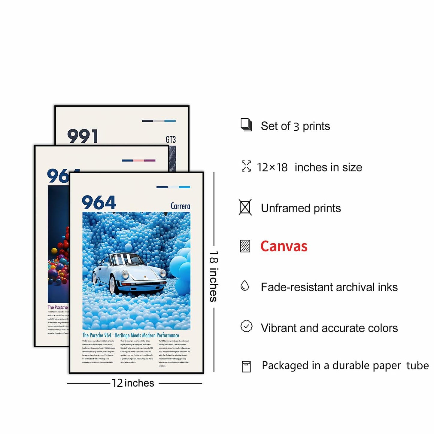 YofAb 911 GT Turbo Car Poster Canvas Wall Art Unframed 12x18 Black