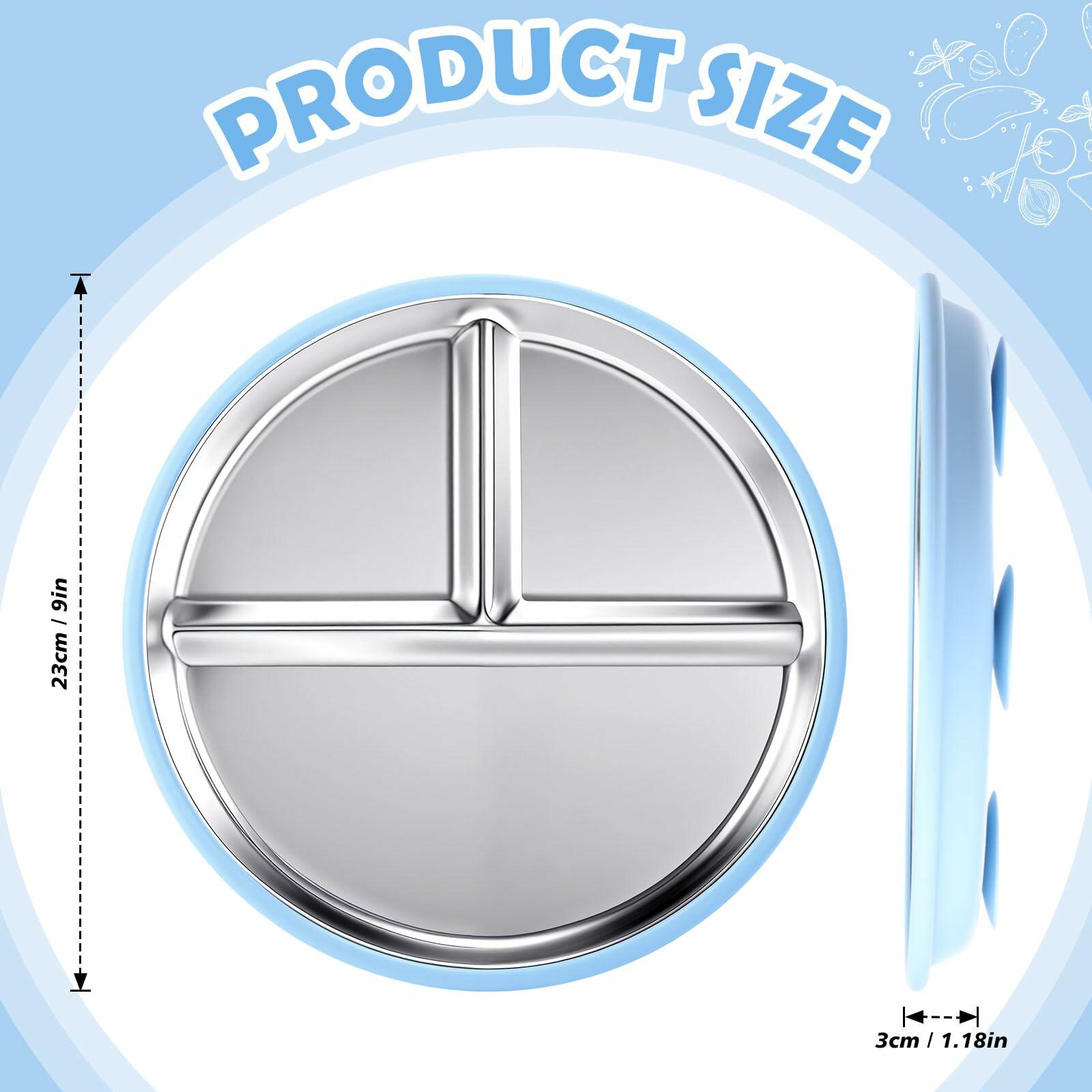 Honeydak 4Pcs Stainless Steel Toddler Plates 9" Divided Silicone Suction Morandi