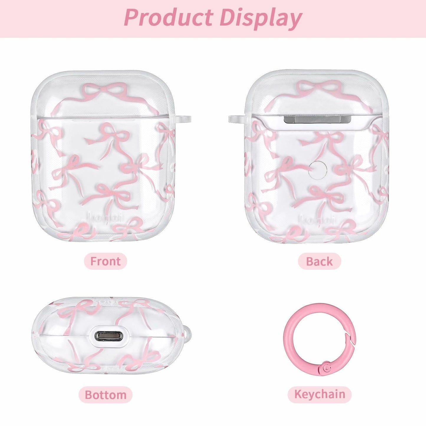 Reownest AirPods Pro 2 Case Soft Clear Bow Pattern Shockproof Keychain Cover