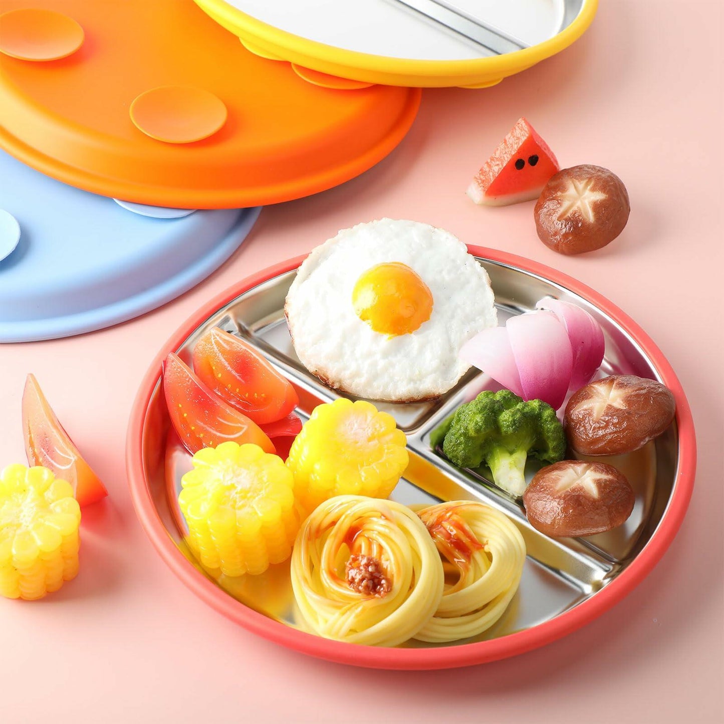 Honeydak 4Pcs Stainless Steel Toddler Plates 9" Divided Silicone Suction Morandi