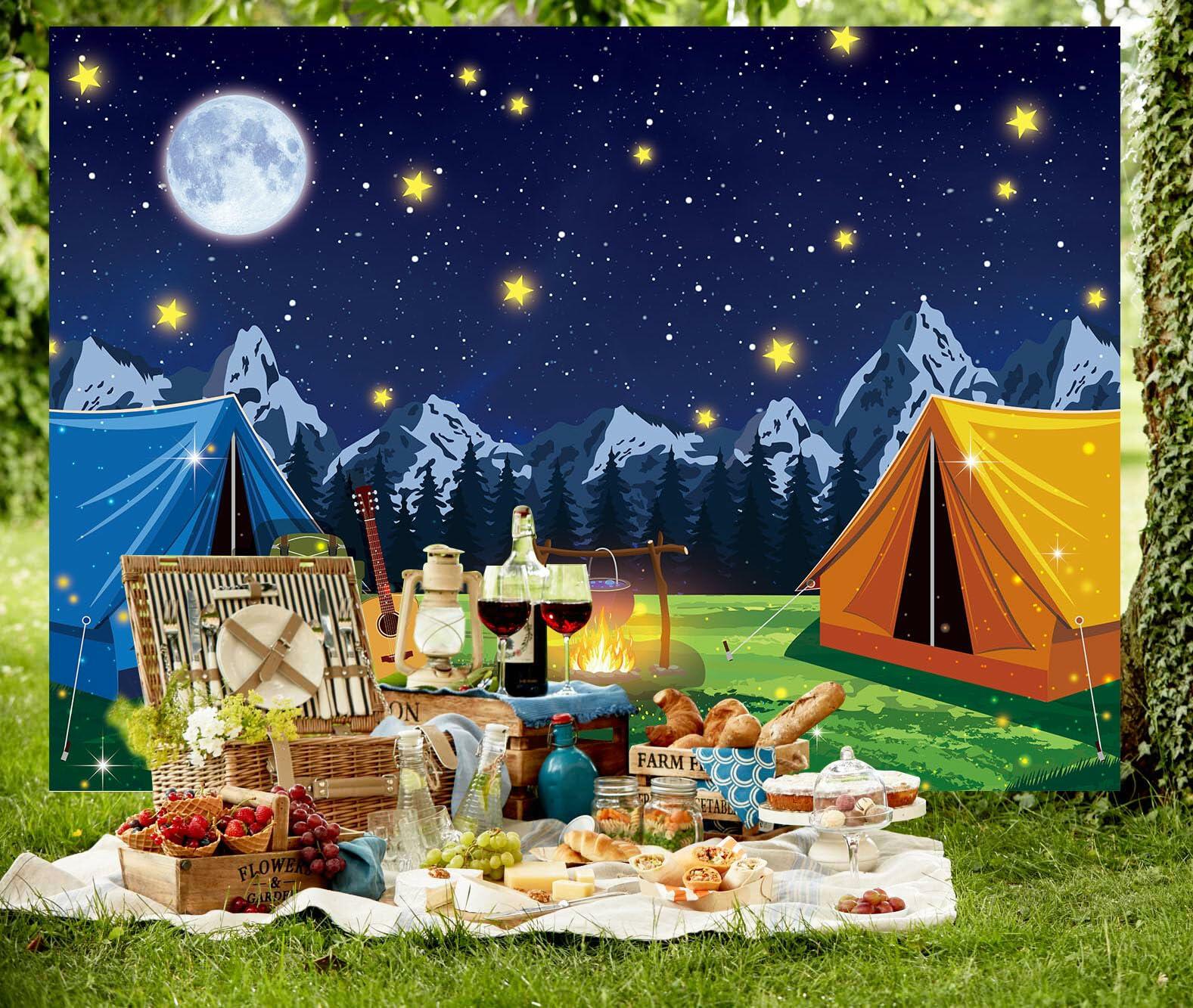 PGSWEER Camping Backdrop 7x5FT Blue Crepe Paper Campfire Mountain Banner